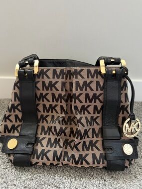 Michael Kors Brown & Black MK Logo Shoulder Bag with Gold Hardware